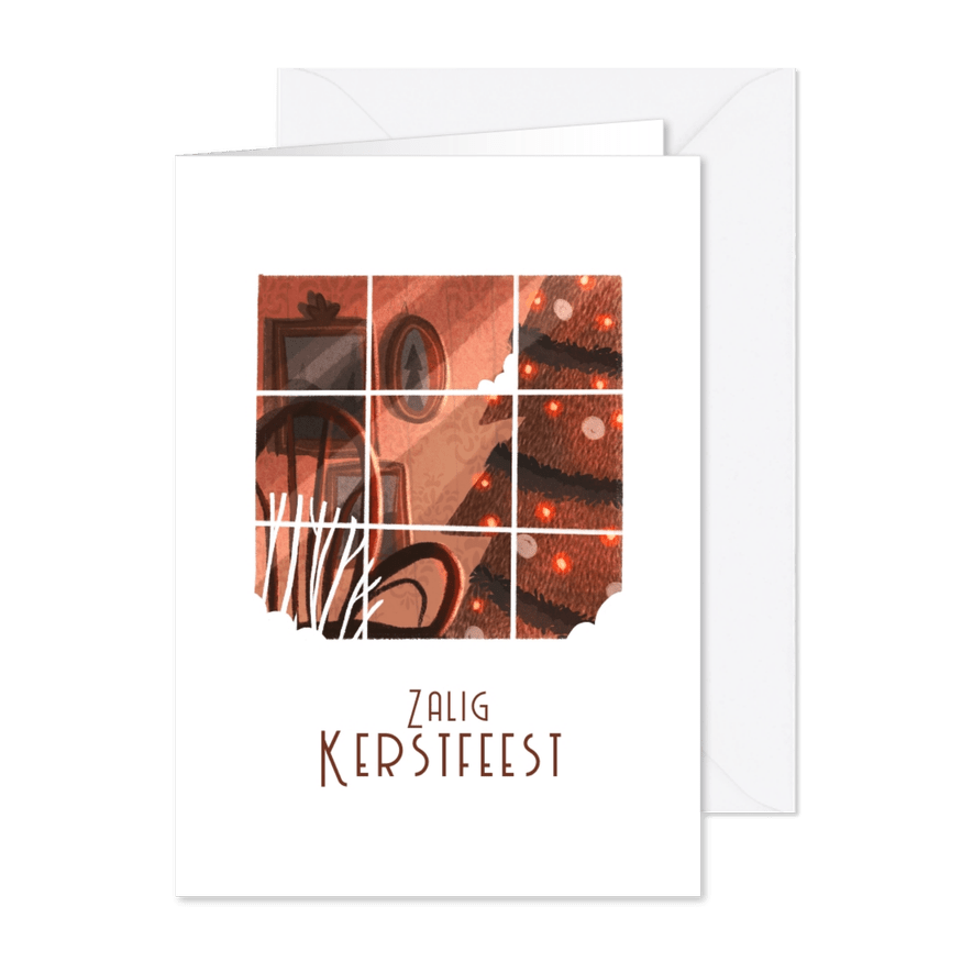 Kerstkaart door het raam illustratie - Kaartimpressie