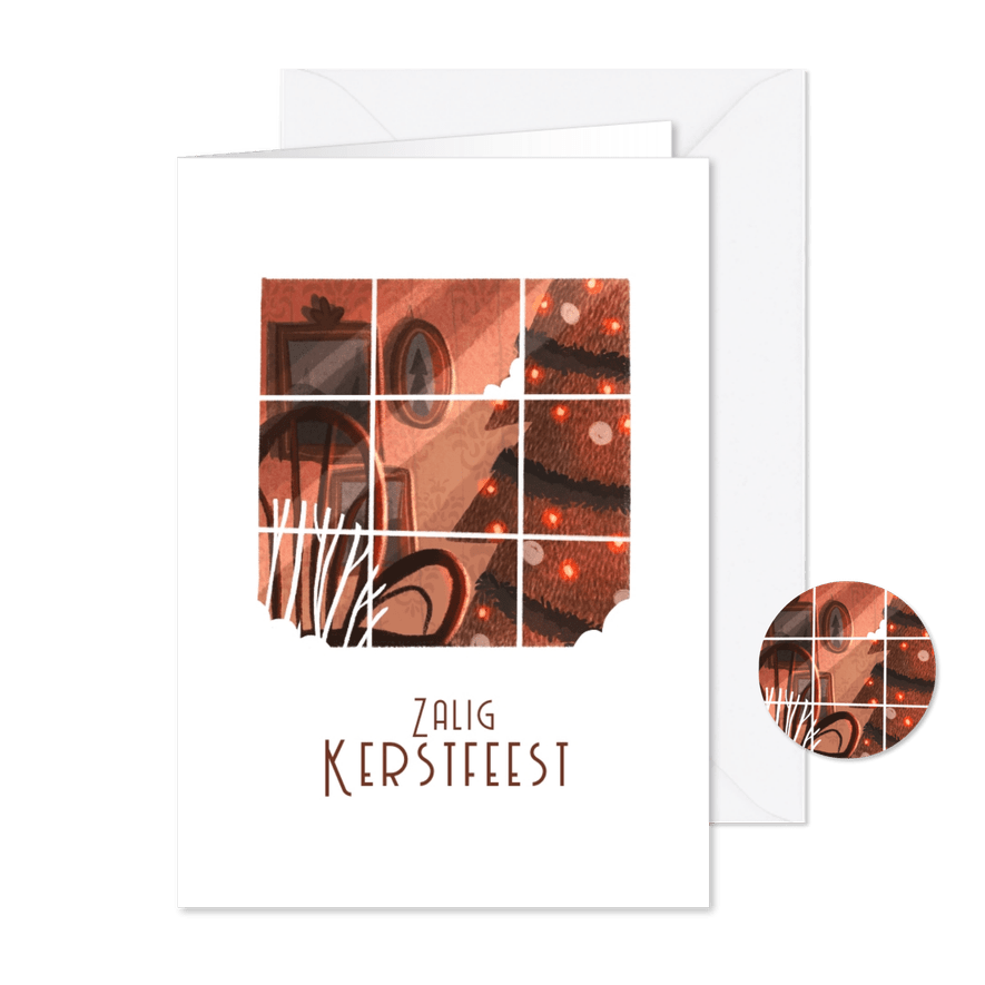Kerstkaart door het raam illustratie - Kaartimpressie