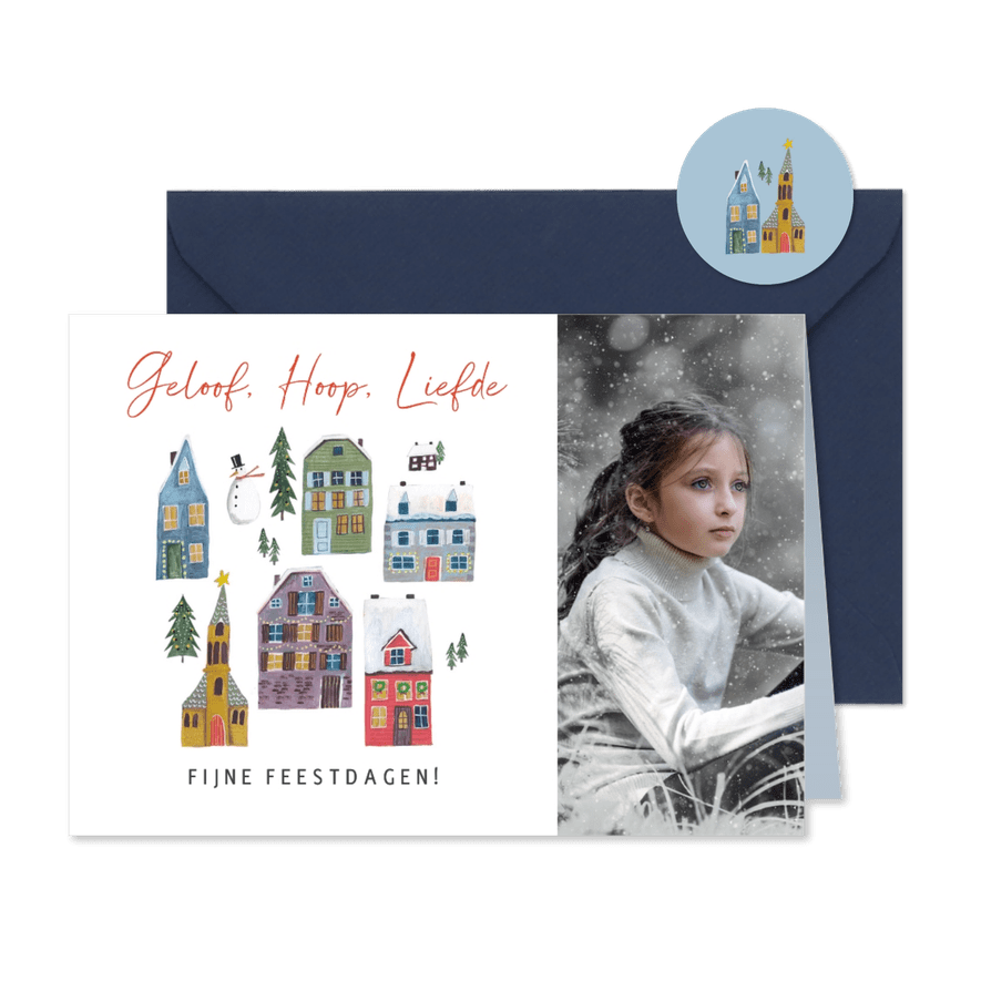 Kerstkaart dorpje met kerk - Kaartimpressie