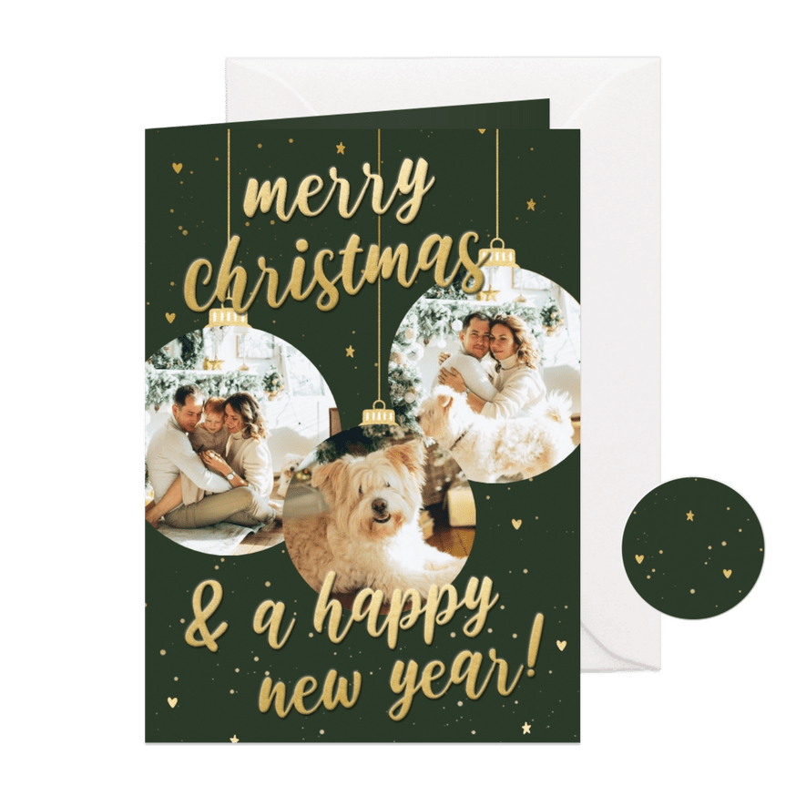 Kerstkaart drie gouden kerstballen met foto's en typografie - Kaartimpressie