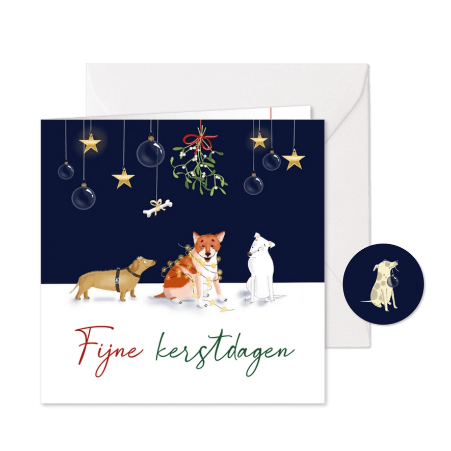 Kerstkaart drie hondjes vieren kerstmis - Kaartimpressie