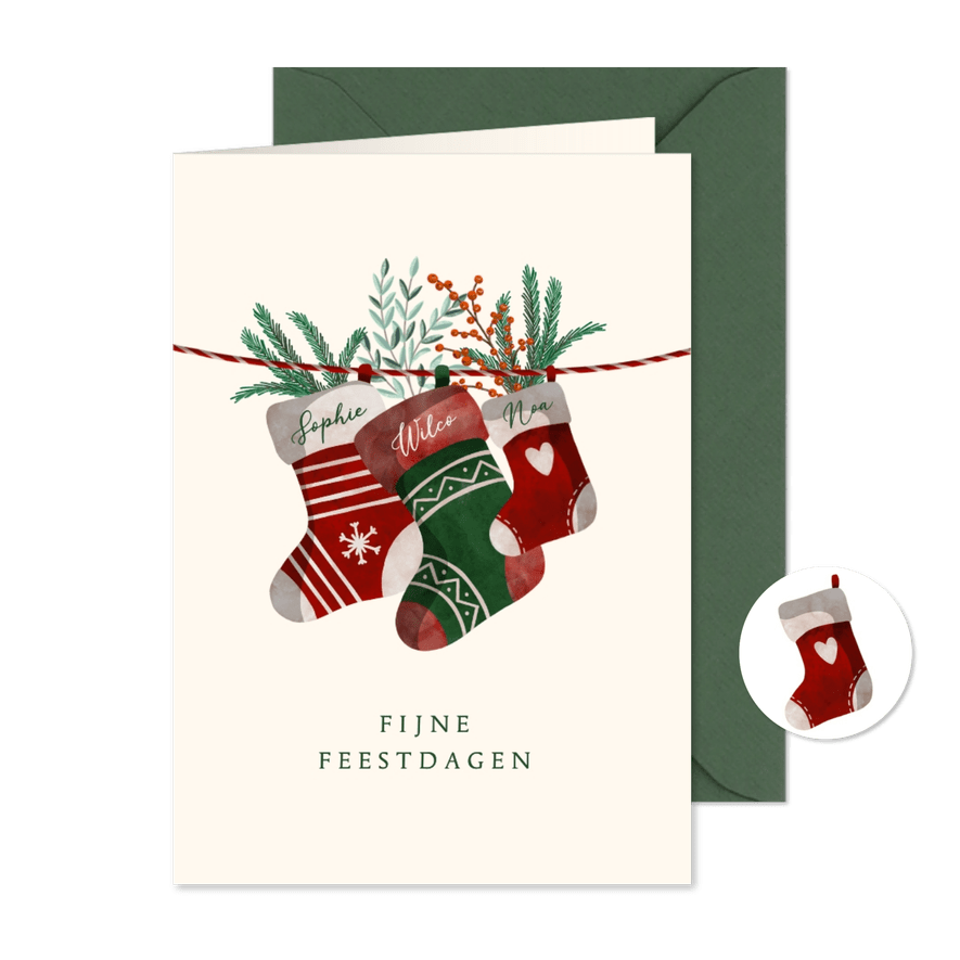 Kerstkaart drie kerstsokken met namen en twijgjes - Kaartimpressie