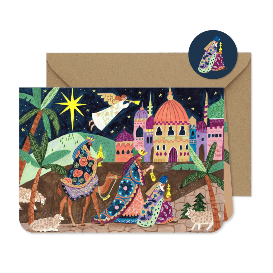 Kerstkaart drie koningen onder sterren hemel en palmboom - Kaartimpressie