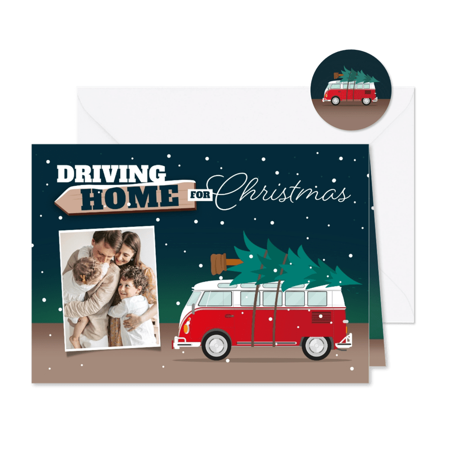 Kerstkaart driving home for christmas foto kerstboom - Kaartimpressie