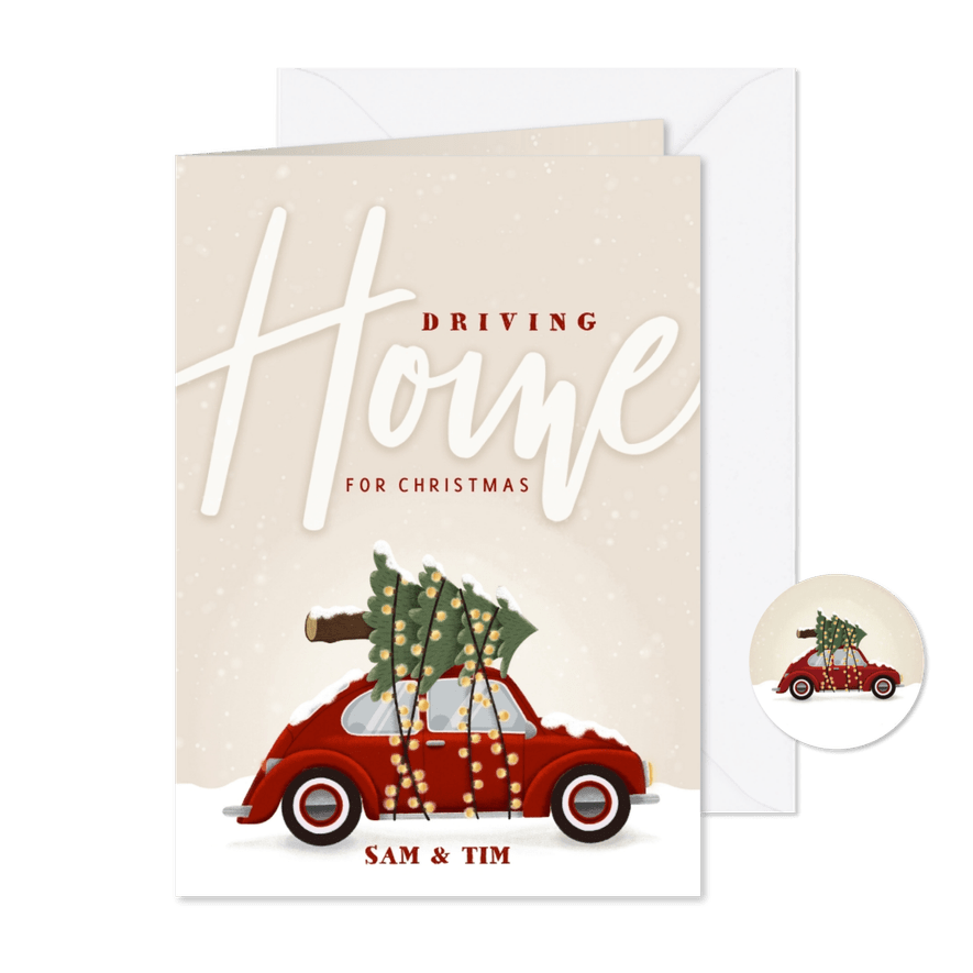 Kerstkaart driving home for Christmas met auto en kerstboom - Kaartimpressie
