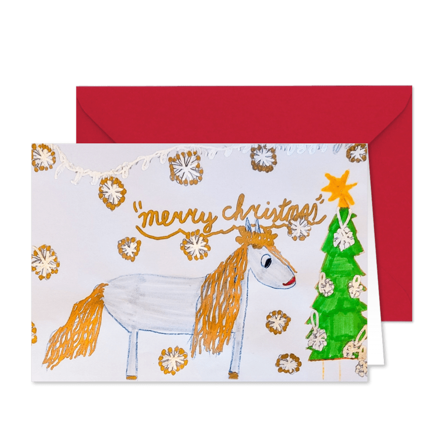 Kerstkaart Duchenne Parent Project paard en kerstboom - Kaartimpressie