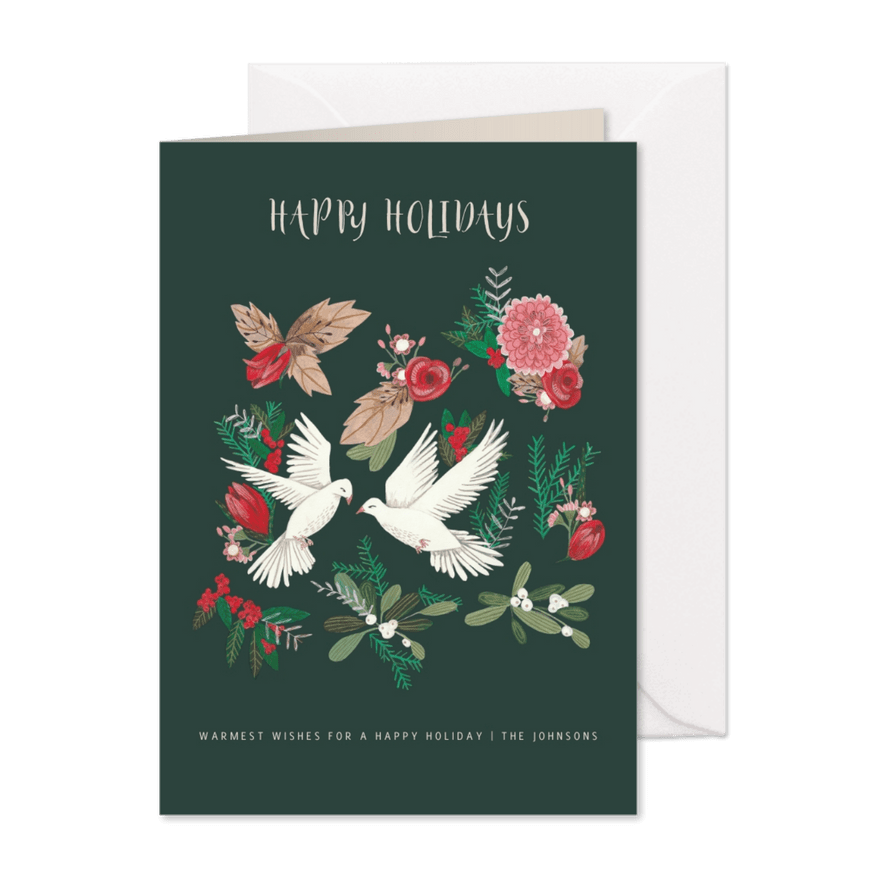 Kerstkaart duiven en botanisch bloemen - Kaartimpressie