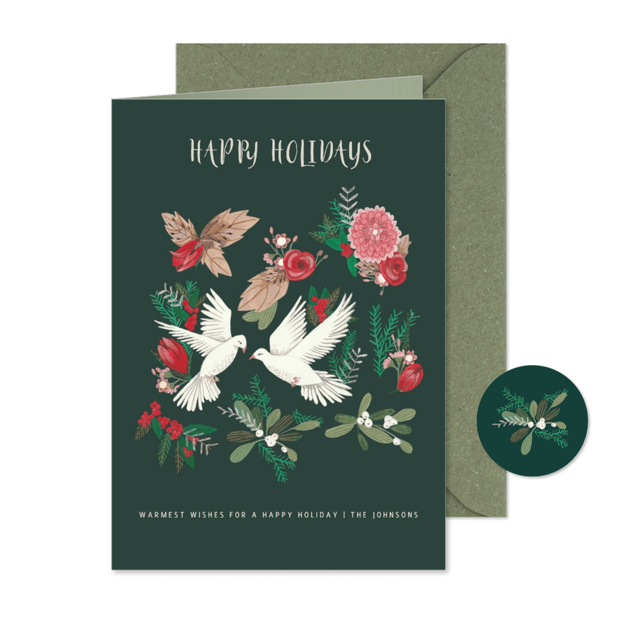 Kerstkaart duiven en botanisch bloemen - Kaartimpressie