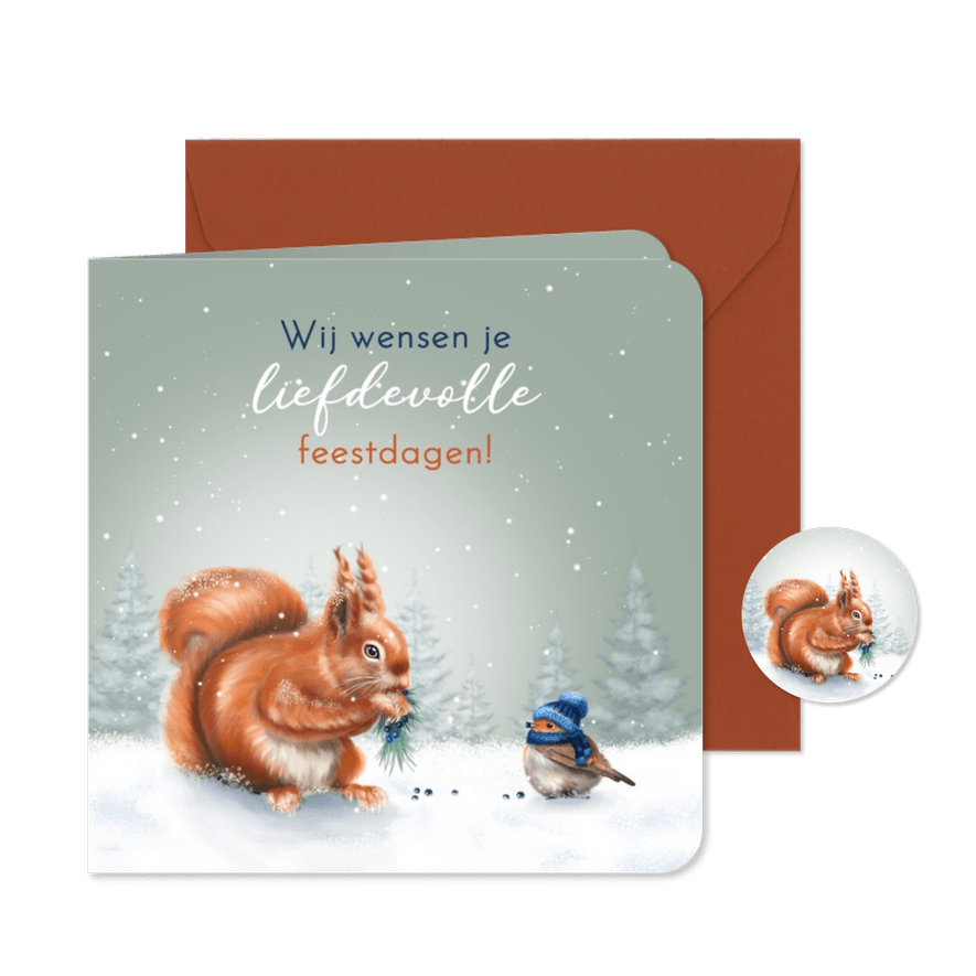 Kerstkaart eekhoorn en roodborst - Kaartimpressie