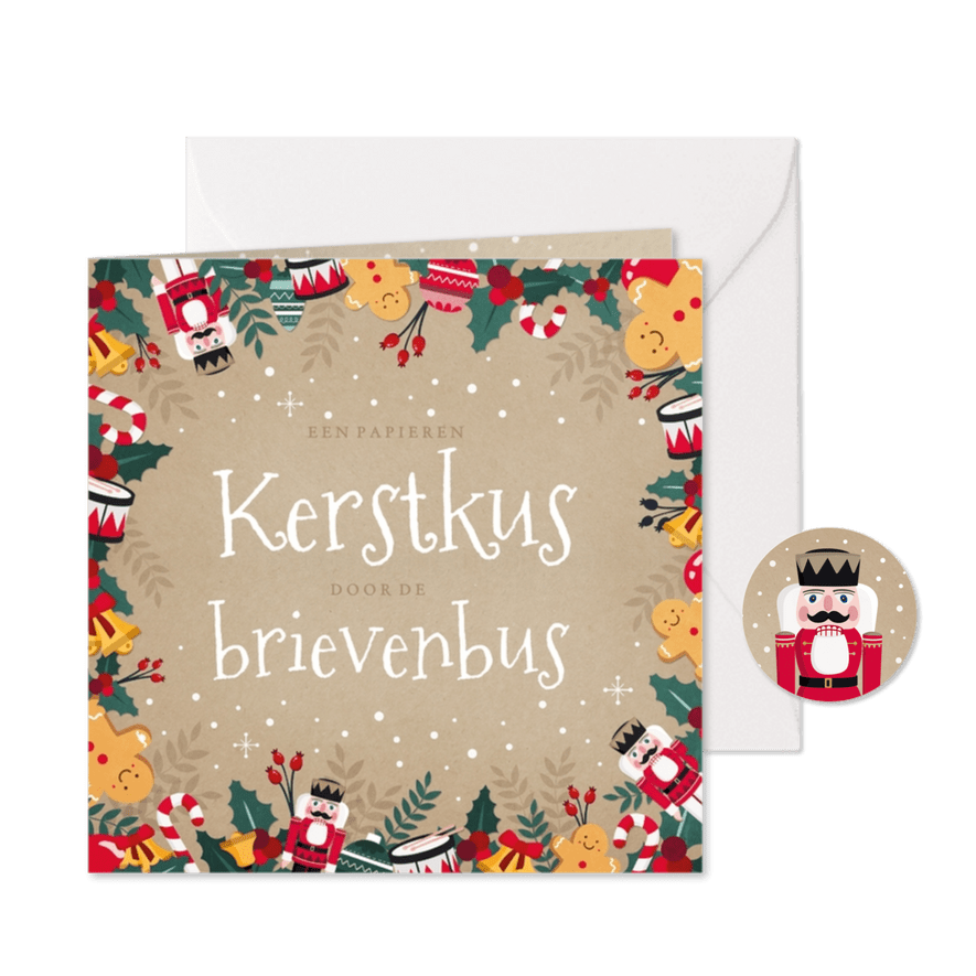 Kerstkaart een papieren kerstkus door de brievenbus  - Kaartimpressie