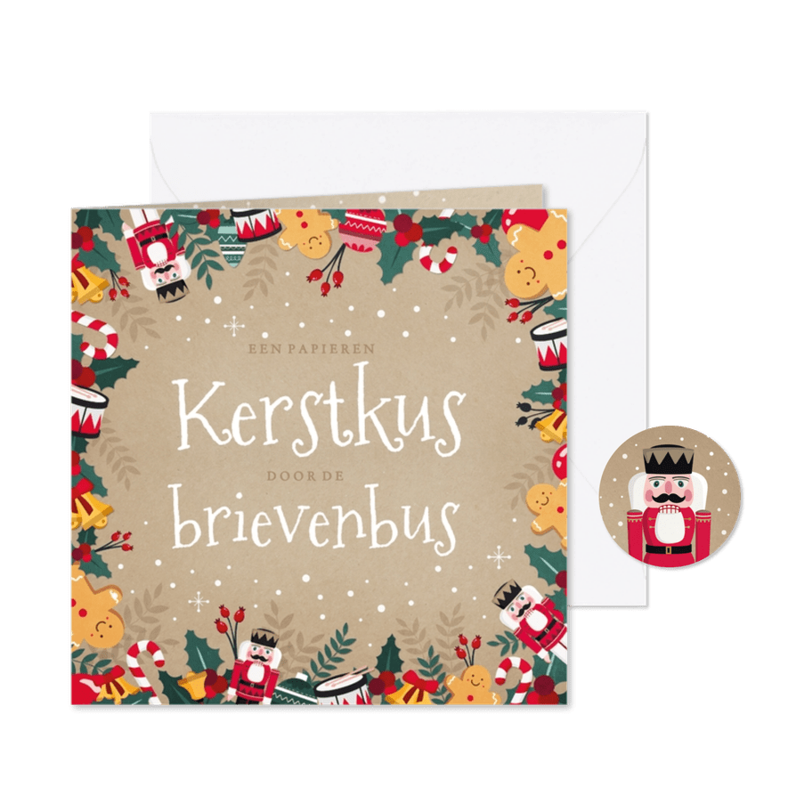 Kerstkaart een papieren kerstkus door de brievenbus - Kaartimpressie