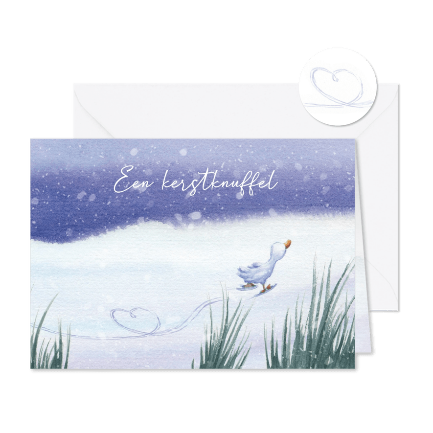 Kerstkaart eendje schaatst hartjesvorm - Kaartimpressie
