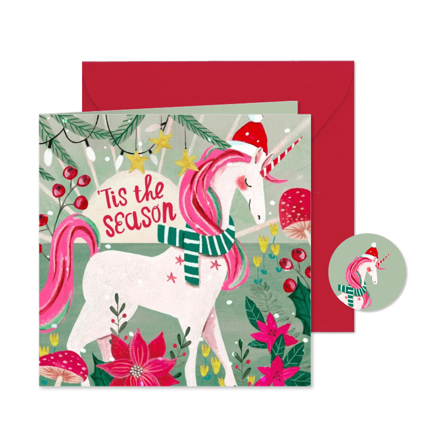 Kerstkaart Eenhoorn in de sneeuw met bloemen - Kaartimpressie