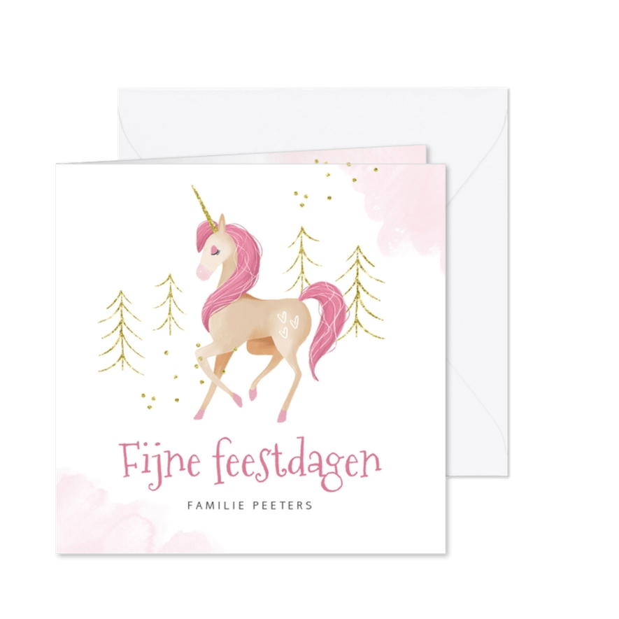 Kerstkaart eenhoorn unicorn waterverf goud roze - Kaartimpressie