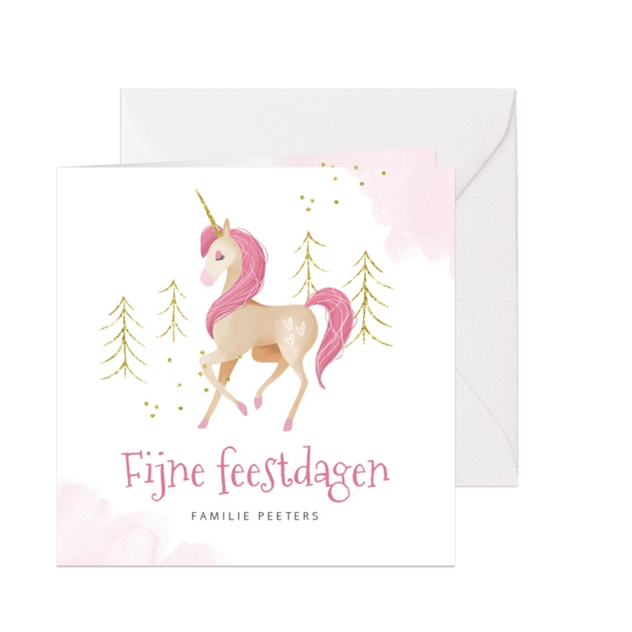 Kerstkaart eenhoorn unicorn waterverf goud roze - Kaartimpressie