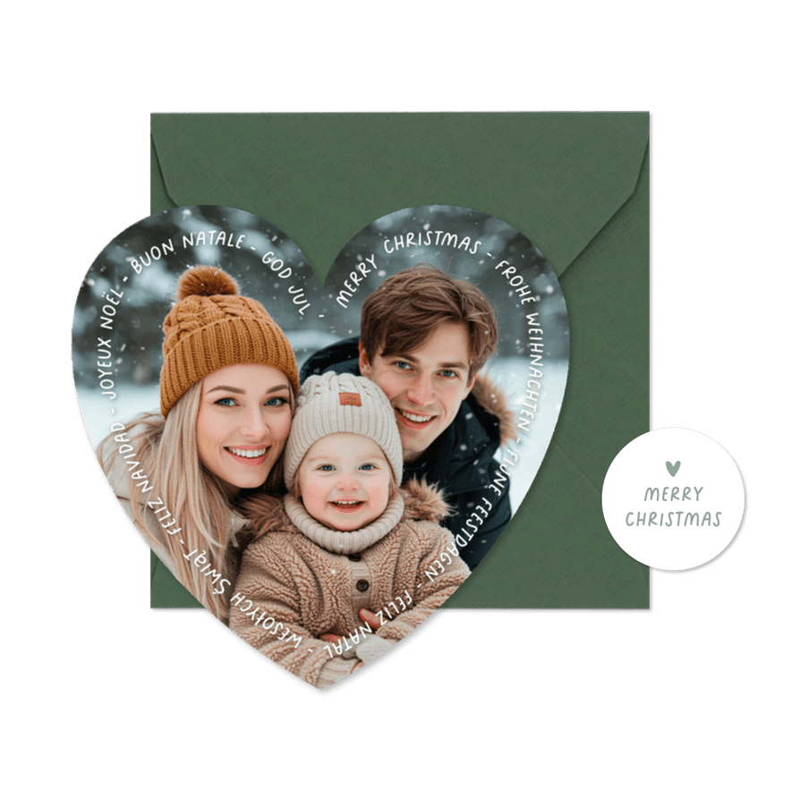 Kerstkaart eigen foto hartvorm - internationale kerstwensen - Kaartimpressie