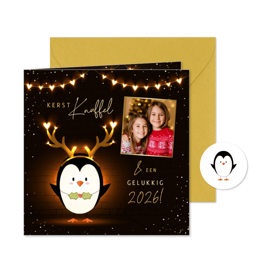 Kerstkaart eigen foto knuffel lichtgevende hartjes pinguïn - Kaartimpressie