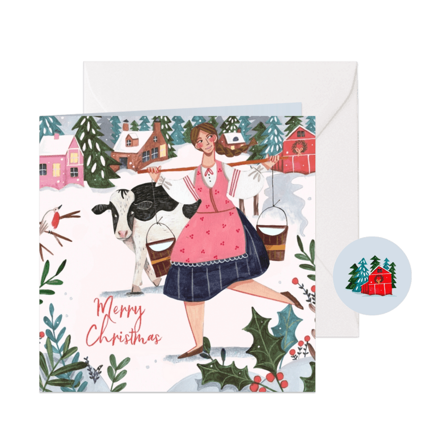 Kerstkaart 'eight maids a milking' illustratie - Kaartimpressie