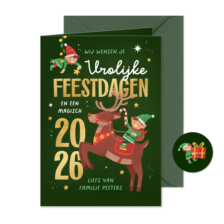 Kerstkaart elfjes rendier magische feestdagen 2026 vrolijk - Kaartimpressie
