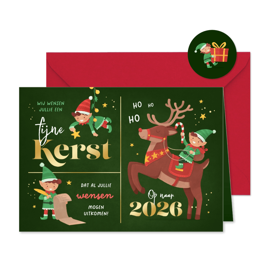 Kerstkaart elfjes van de kerstman vrolijk illustratie kerst - Kaartimpressie