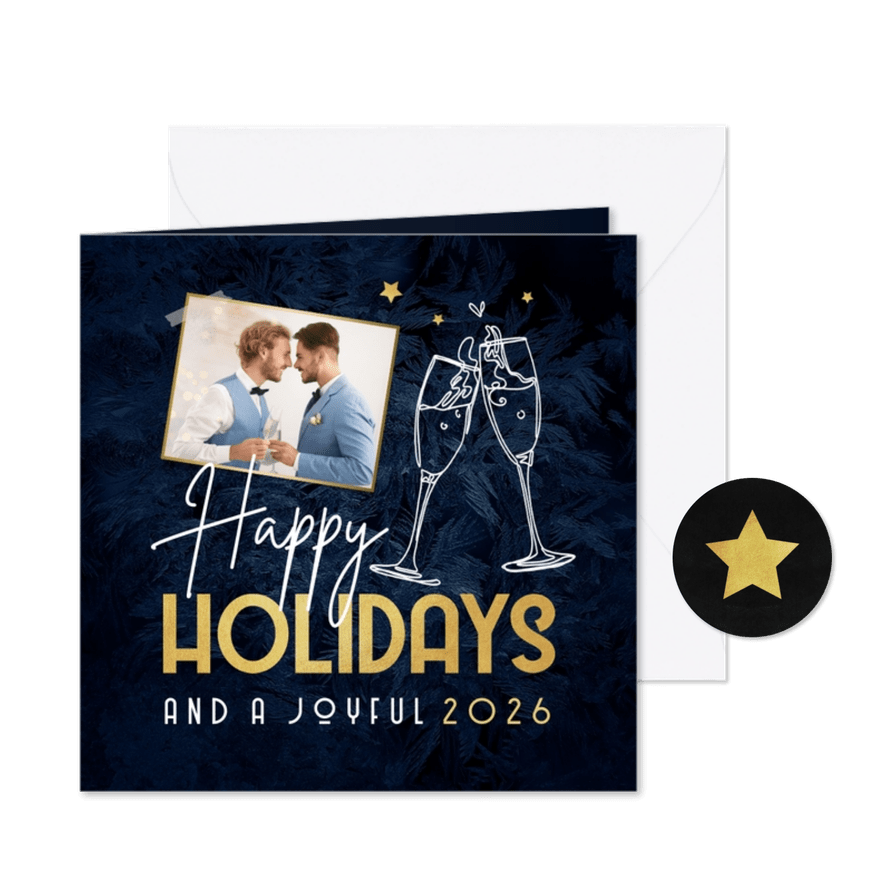 Kerstkaart engels happy holidays champagne sterren foto - Kaartimpressie