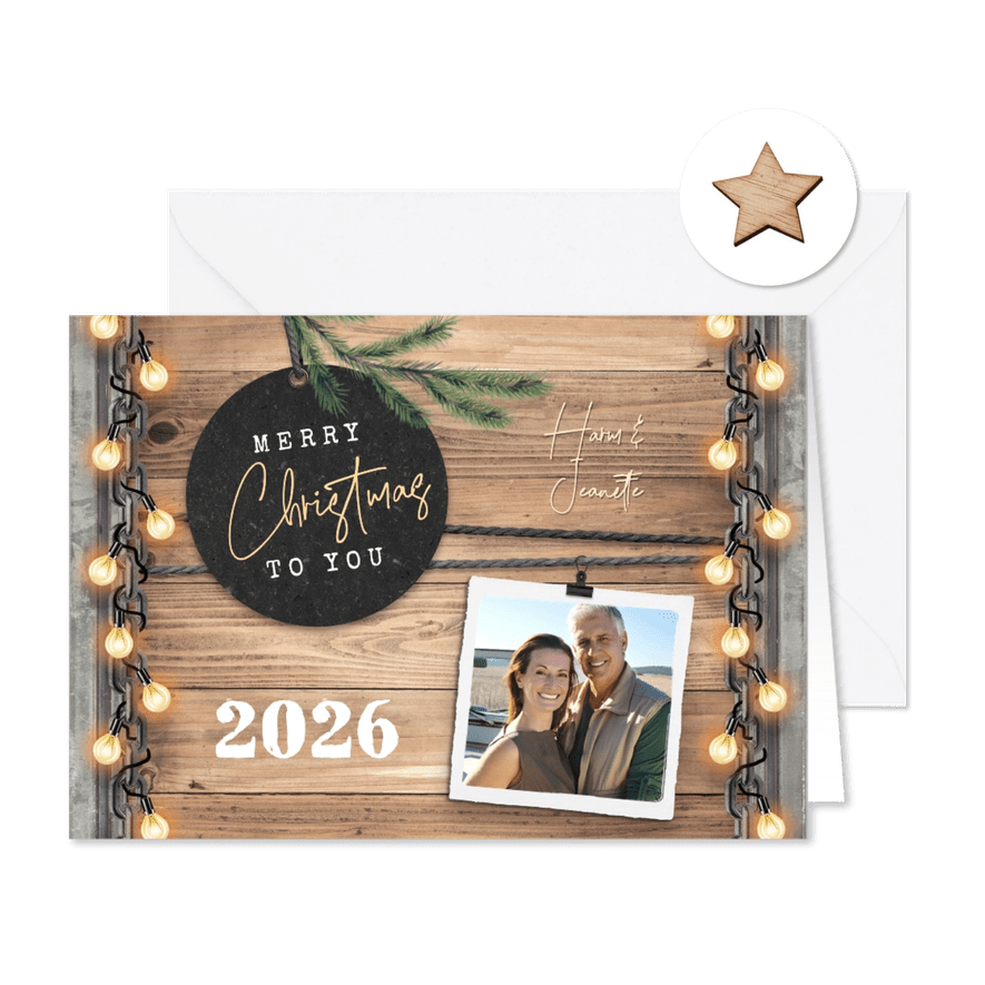 Kerstkaart engels hout industrieel label foto lampjes - Kaartimpressie