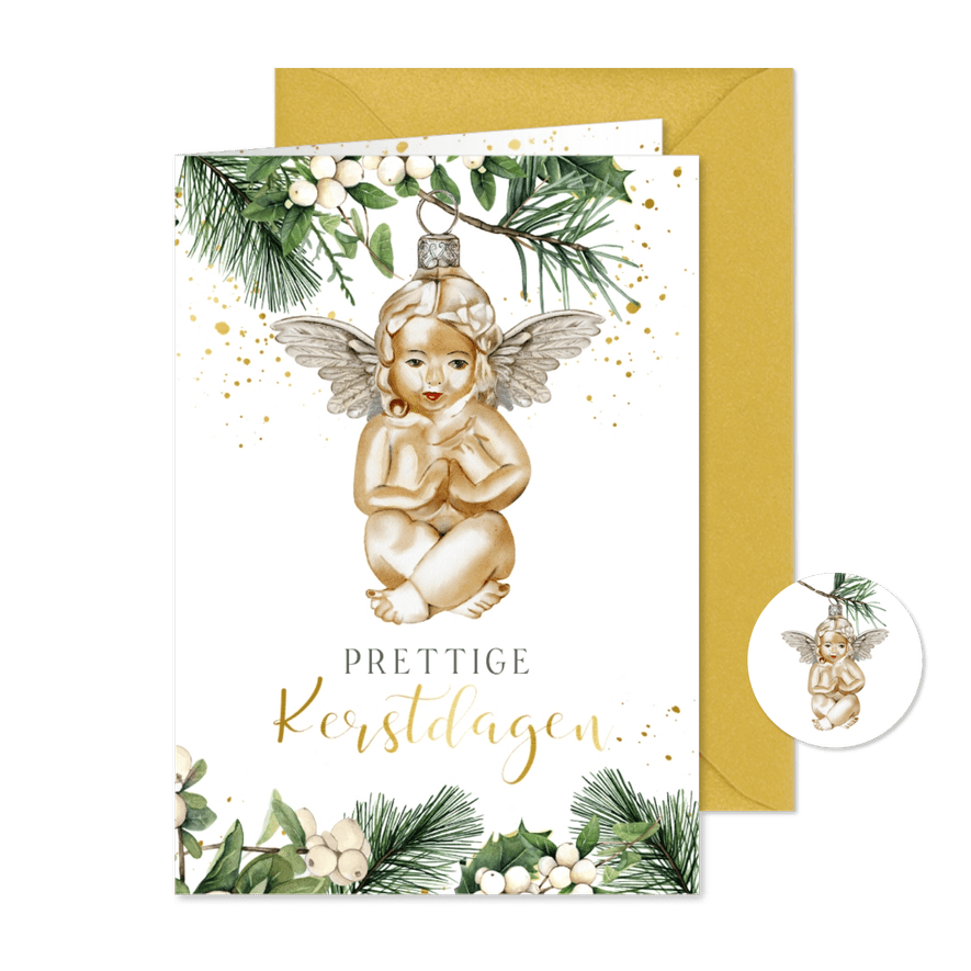 Kerstkaart engeltje ornament aan kersttak - Kaartimpressie