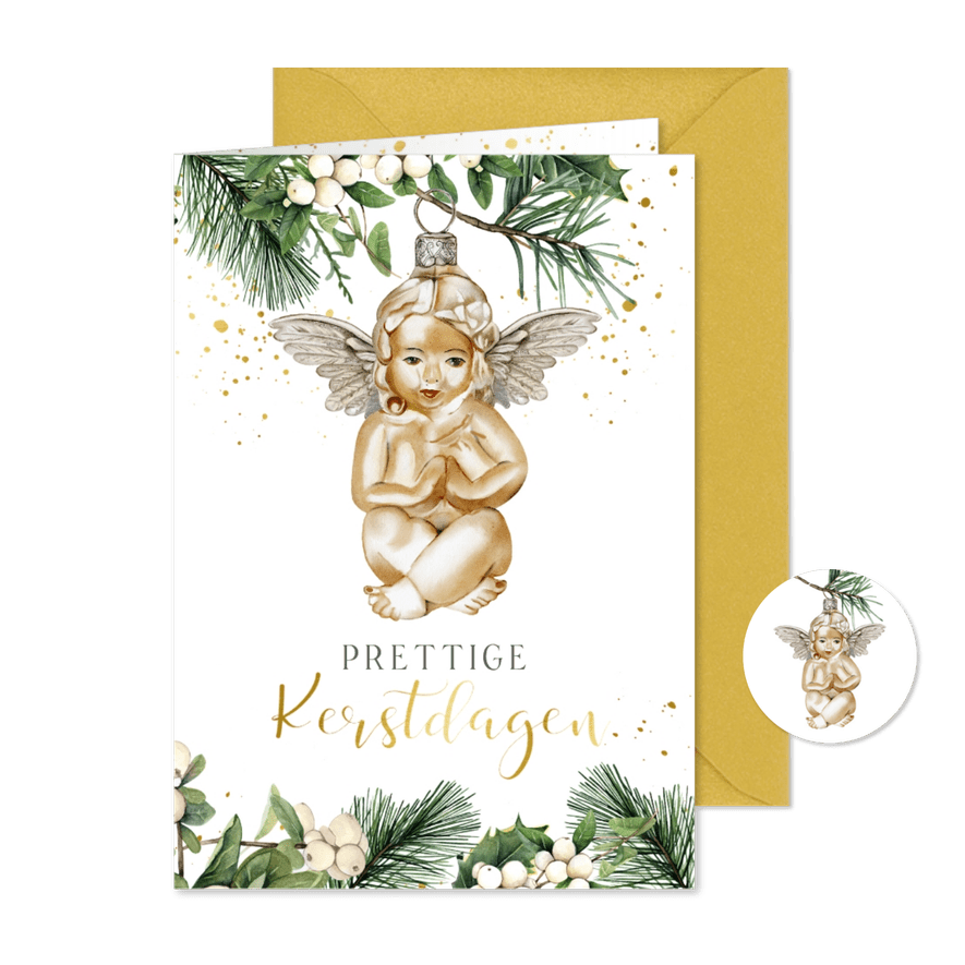 Kerstkaart engeltje ornament aan kersttak - Kaartimpressie