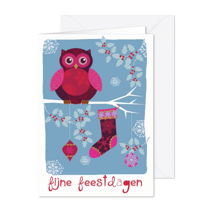 Kerstkaart feestdagen kaart met uil op een tak - Kaartimpressie