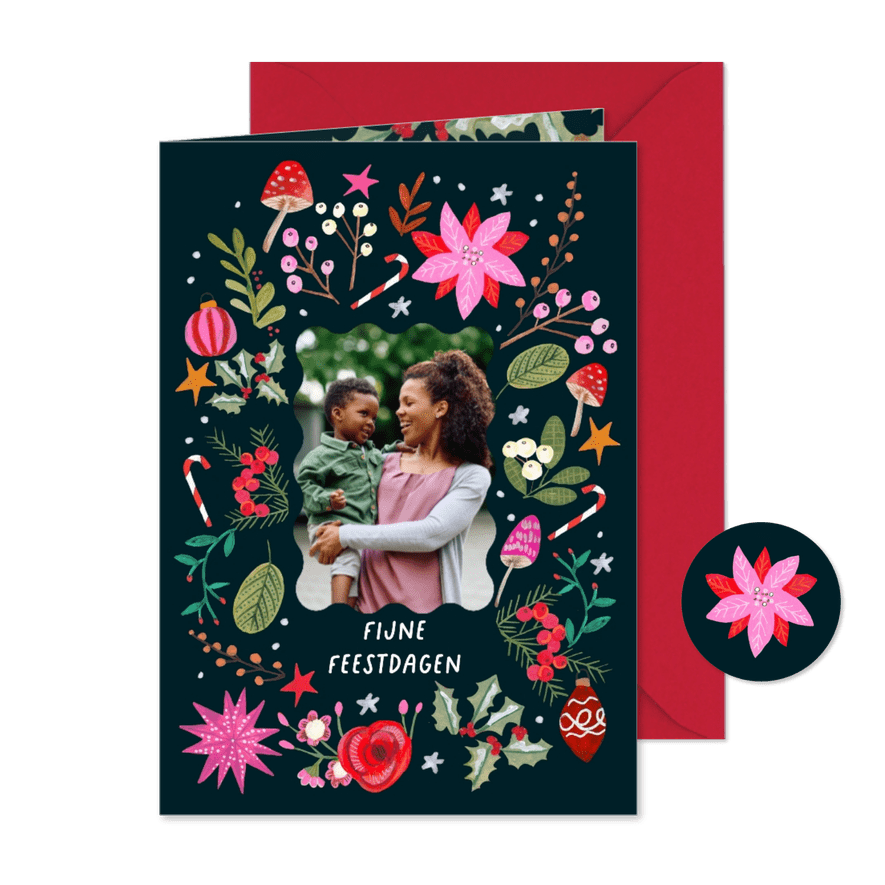 Kerstkaart fel gekleurde bloemen modern - Kaartimpressie