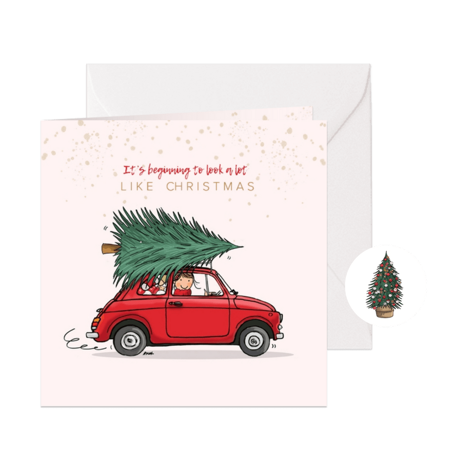 Kerstkaart Fiat 500 rood  - Kaartimpressie