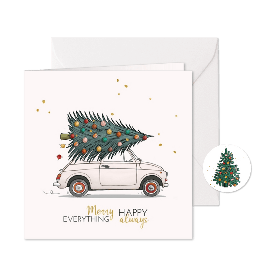 Kerstkaart Fiat 500 wit met kerstboom - Kaartimpressie