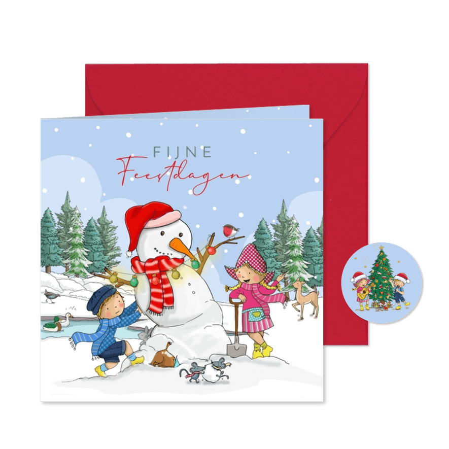 Kerstkaart Fien en Teun met sneeuwpop - Kaartimpressie