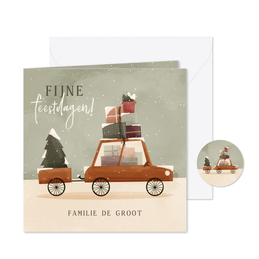 Kerstkaart fijne feestdagen auto met dozen en kerstboom - Kaartimpressie
