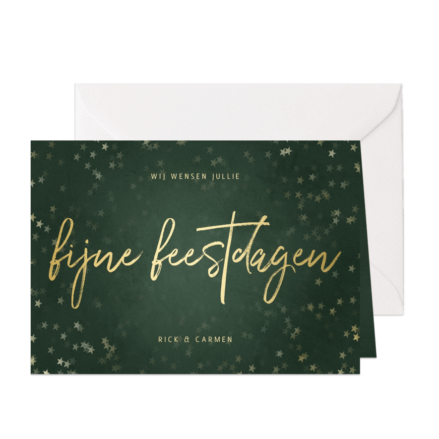 Kerstkaart fijne feestdagen donkergroen met gouden sterren - Kaartimpressie