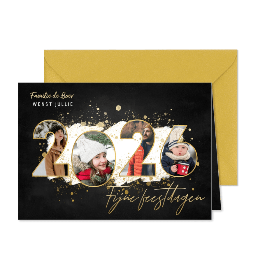 Kerstkaart fijne feestdagen fotocollage 2026 gouden spetters - Kaartimpressie