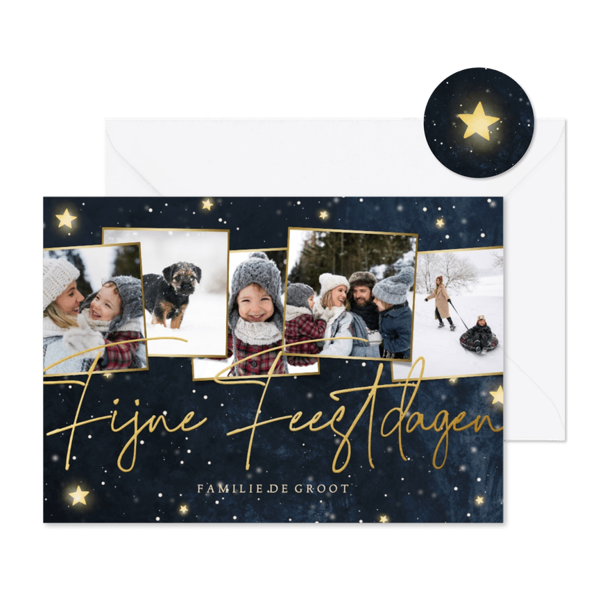 Kerstkaart Fijne Feestdagen fotocollage met sterren - Kaartimpressie