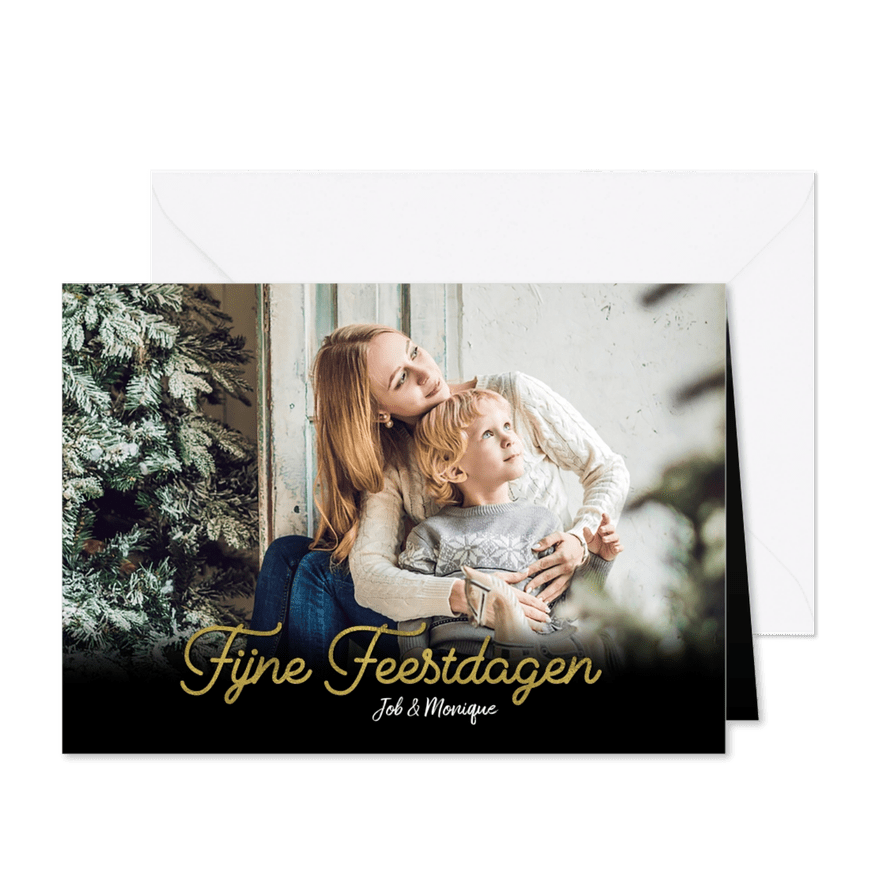 Kerstkaart fijne feestdagen goud en eigen foto - Kaartimpressie