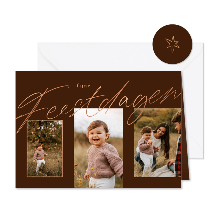 Kerstkaart 'Fijne Feestdagen' koper fotocollage 4 foto's - Kaartimpressie