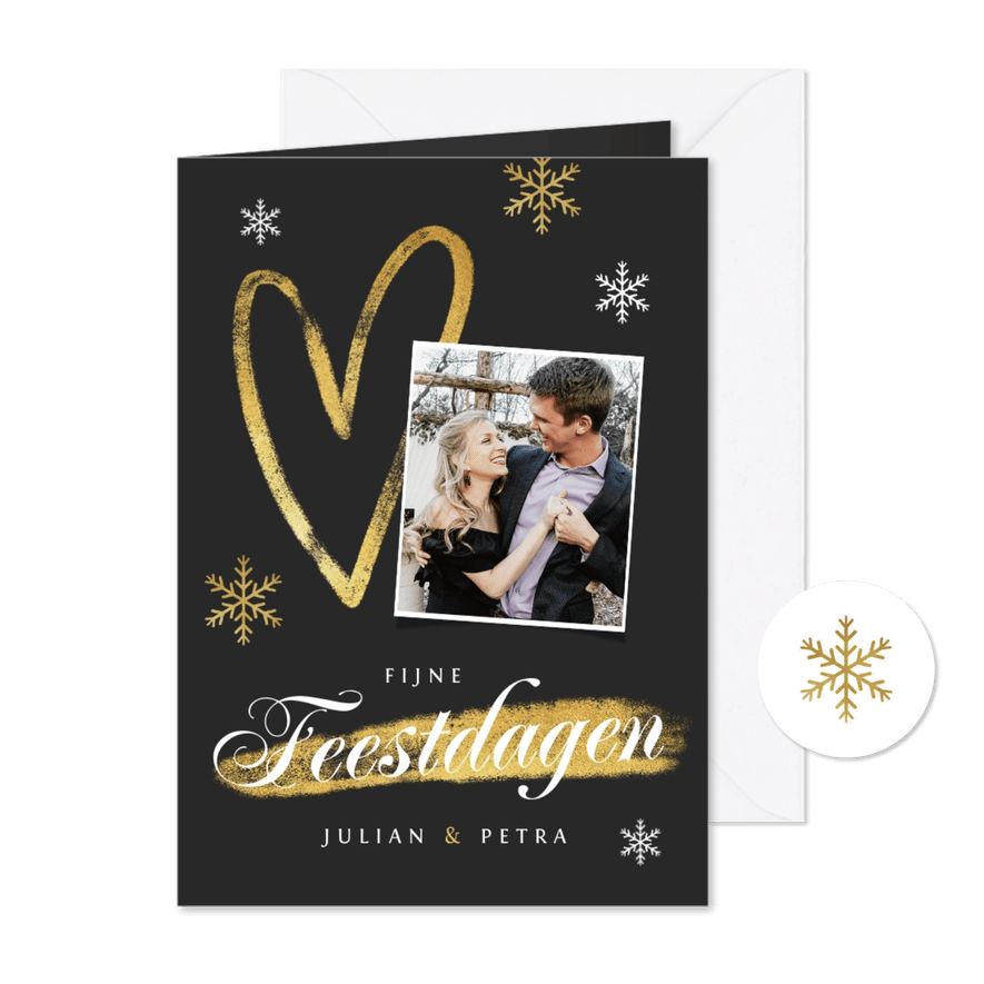 Kerstkaart fijne feestdagen sneeuwvlokken goud foto hart - Kaartimpressie