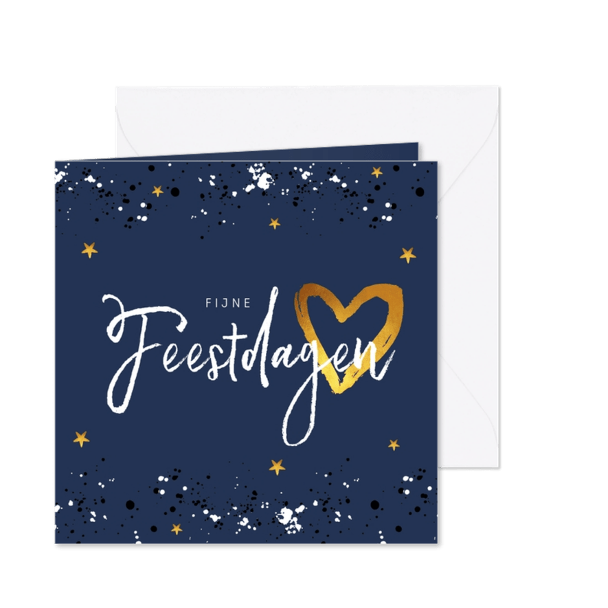 Kerstkaart fijne feestdagen spetters sterren hartje goud - Kaartimpressie