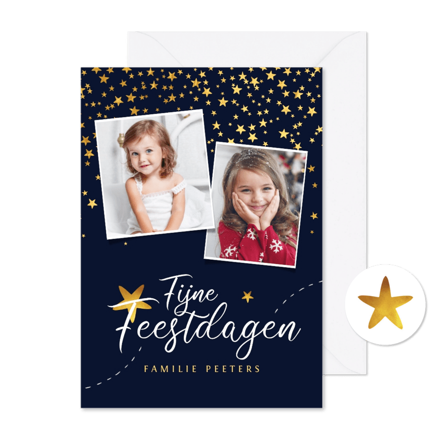 Kerstkaart fijne feestdagen sterren foto's stijlvol goud - Kaartimpressie