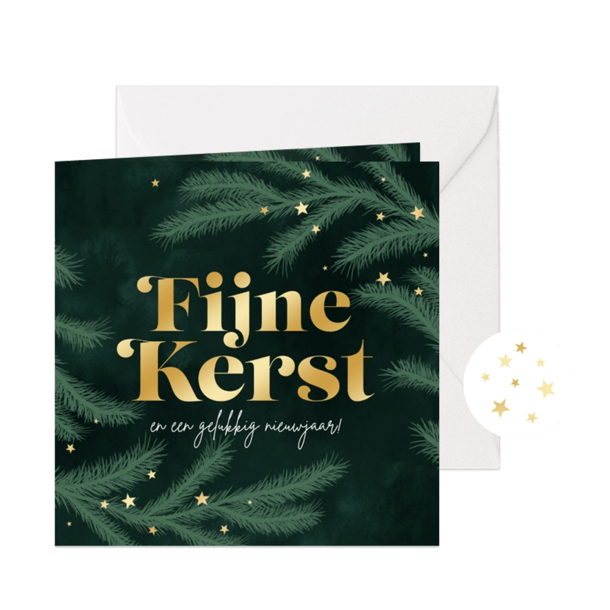 Kerstkaart fijne kerst dennentakjes groen goud sterren foto - Kaartimpressie