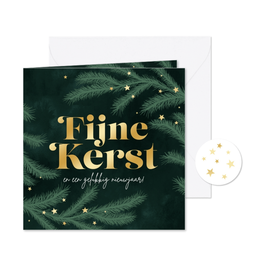 Kerstkaart fijne kerst dennentakjes groen goud sterren foto - Kaartimpressie