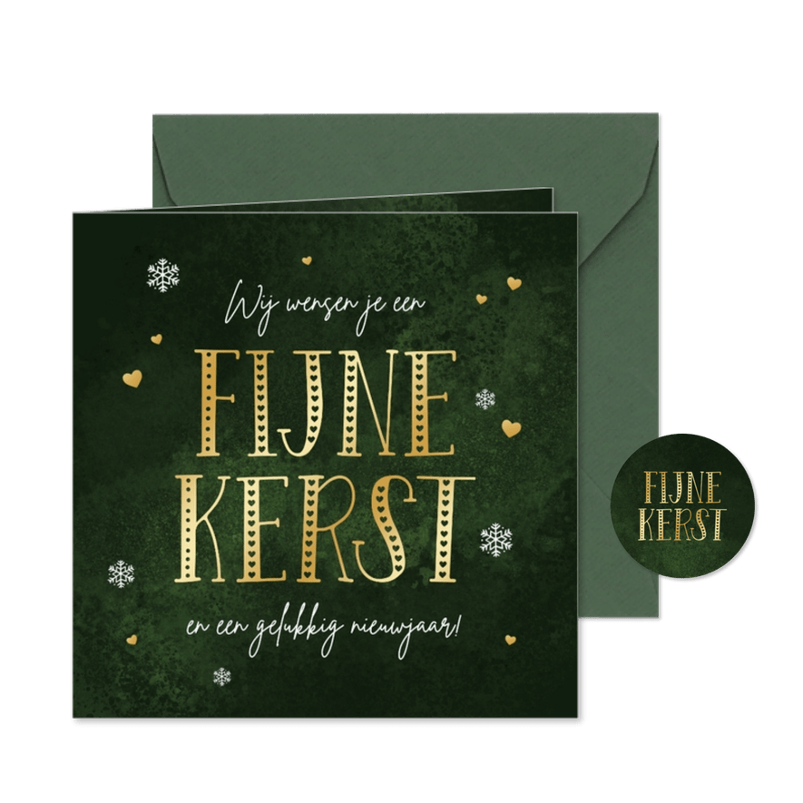 Kerstkaart fijne kerst goud sneeuwvlokken hartjes groen - Kaartimpressie