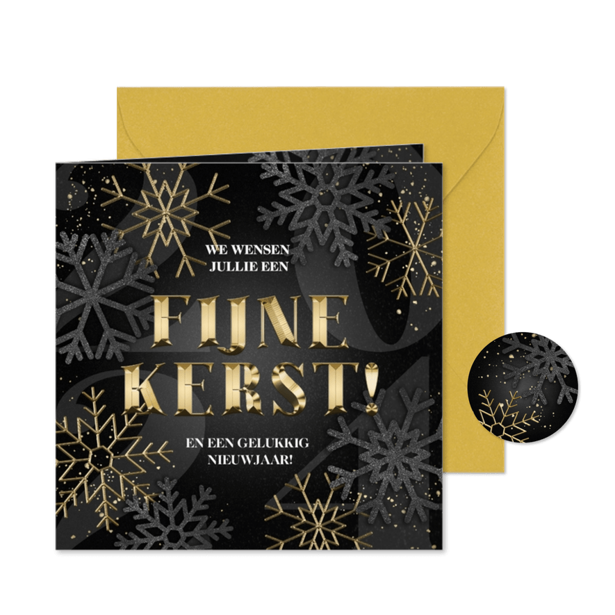 Kerstkaart Fijne Kerst gouden sneeuwvlokken en jaartal 2026 - Kaartimpressie