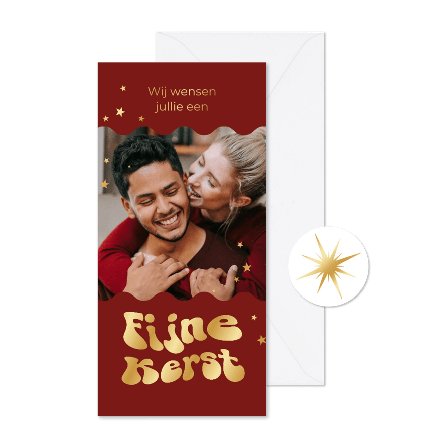 Kerstkaart fijne kerst groovy font foto sterren goud - Kaartimpressie