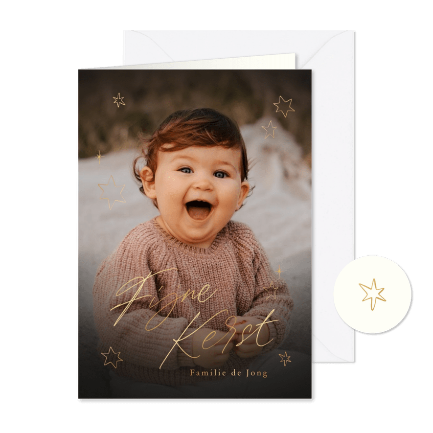 Kerstkaart fijne kerst grote foto met gouden sterren - Kaartimpressie