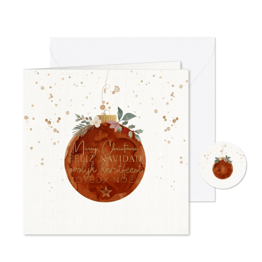 Kerstkaart fijne kerst in verschillende talen kerstbal - Kaartimpressie