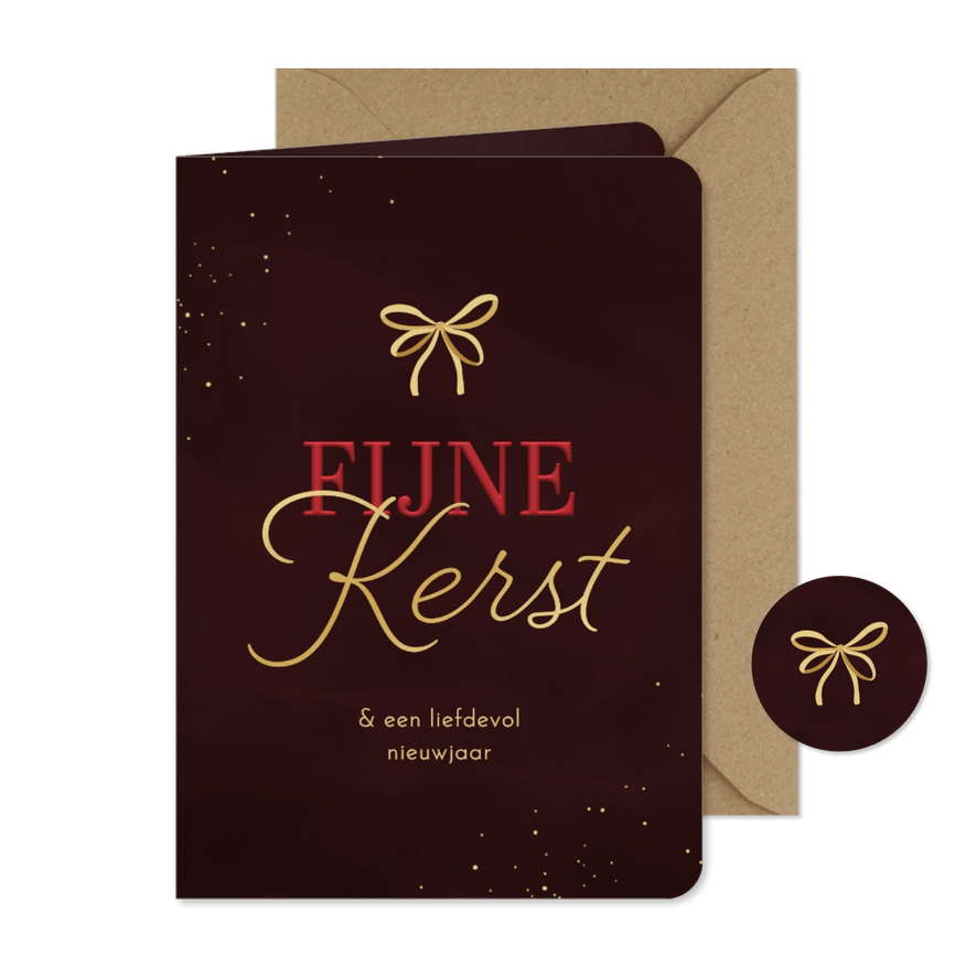 Kerstkaart fijne kerst strikje goud donkerrood - Kaartimpressie
